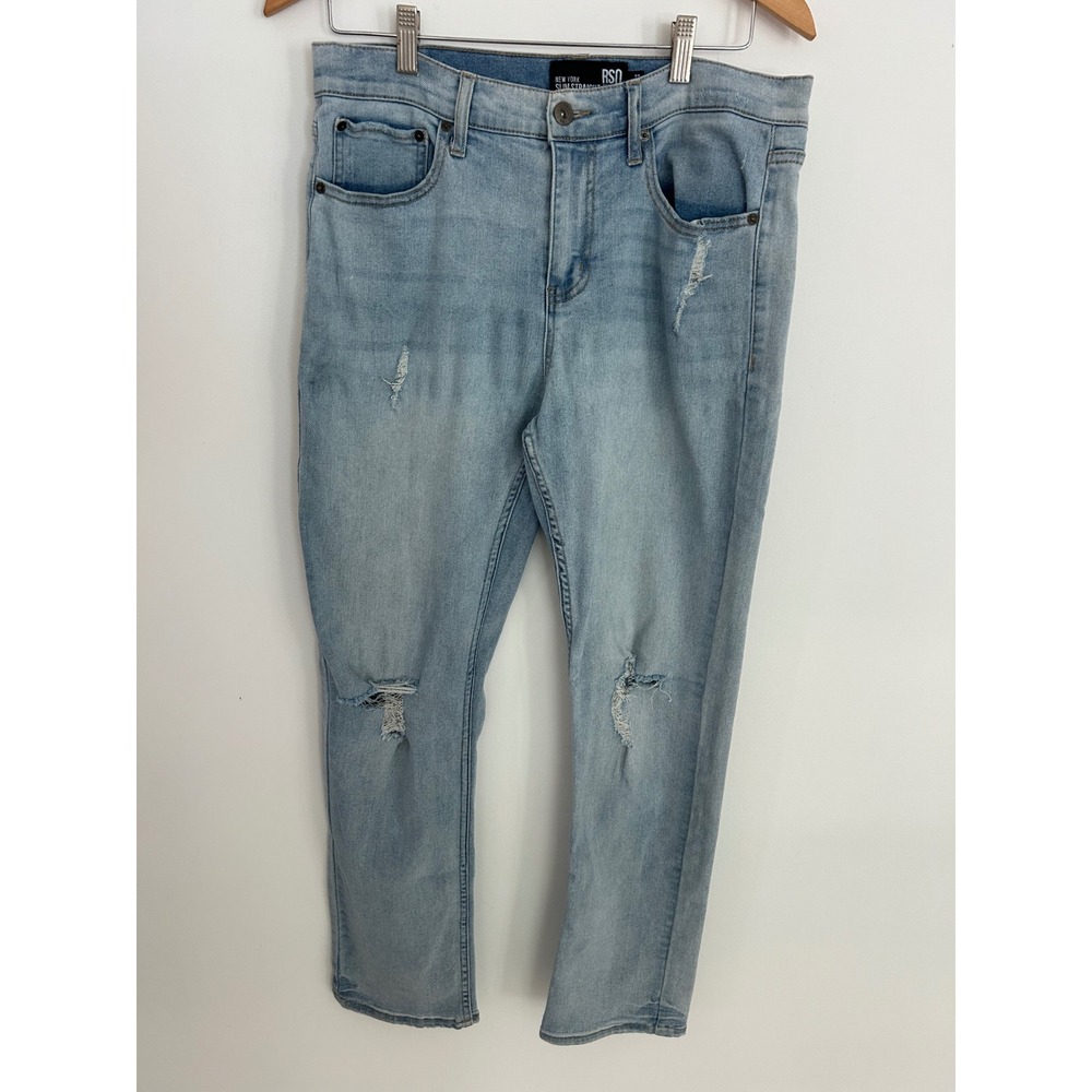 RSQ New York Slim Straight Distressed Light Wash Jeans 32x32 Mens Blue Stretch